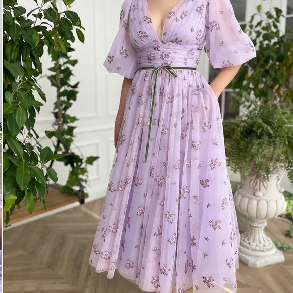 open lace back dress Lavender Floral Gown– Teuta Matoshi main image 1